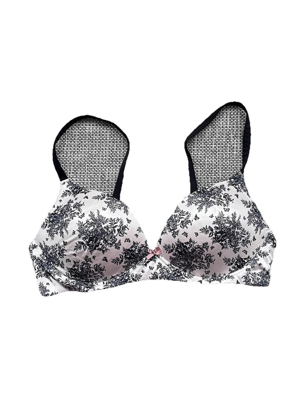 Victoria’s Secret Floral Bra 36C Black White Lace Print Lightly Lined Demi